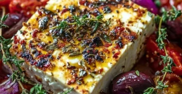 Leckere Feta-Stücke, zubereitet im Airfryer, serviert mit Kräutern und Olivenöl.