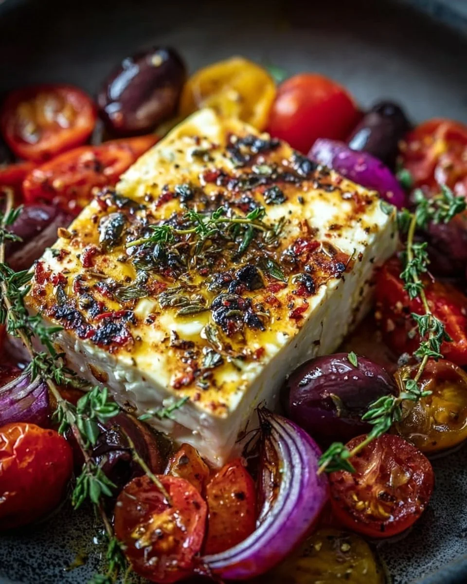 Leckere Feta-Stücke, zubereitet im Airfryer, serviert mit Kräutern und Olivenöl.