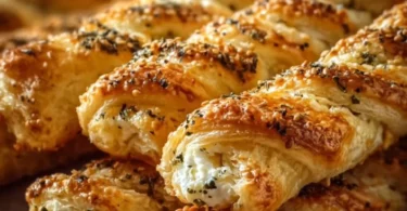 Feta-Sticks im Blätterteig auf einem Teller, ideal als Snack oder Vorspeise.