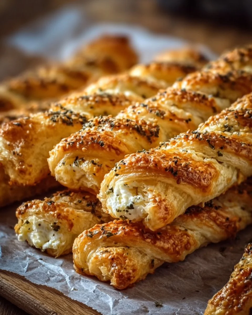 Feta-Sticks im Blätterteig auf einem Teller, ideal als Snack oder Vorspeise.