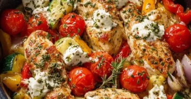 Leckeres Feta-Hähnchen aus der Pfanne, zubereitet im Airfryer.