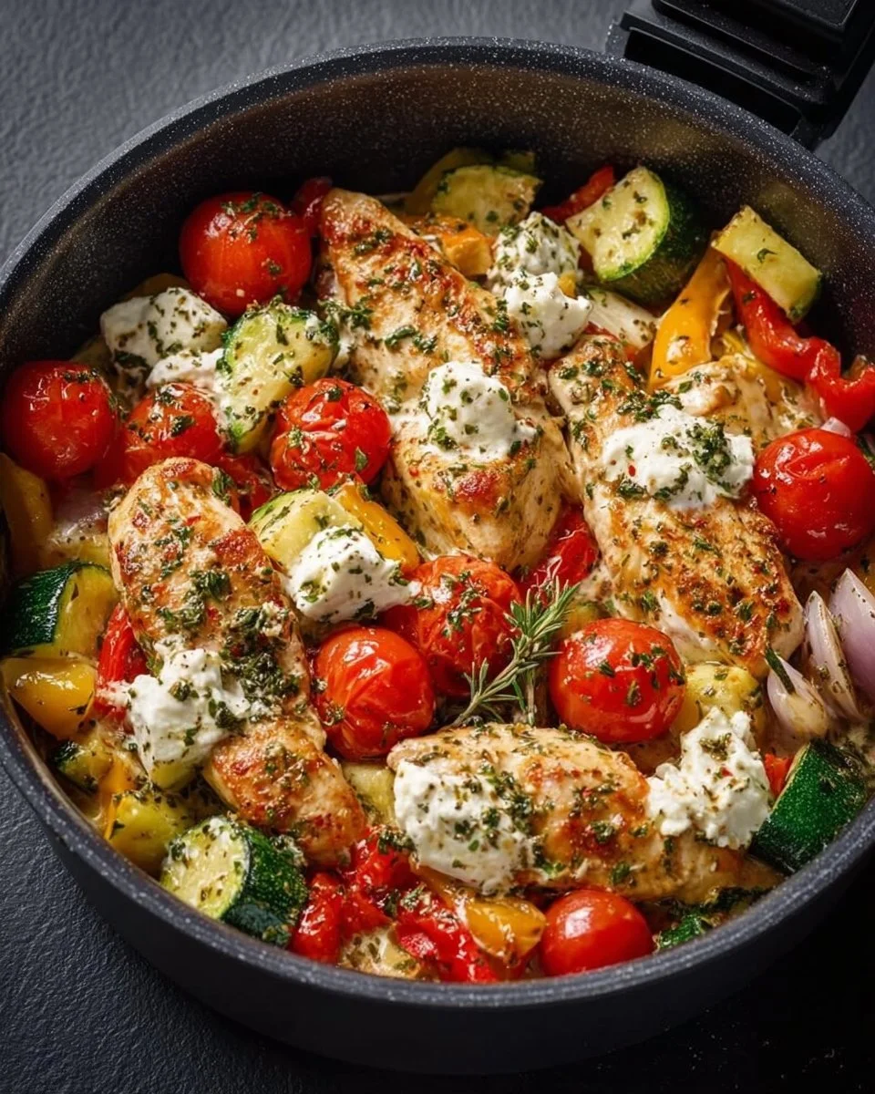 Leckeres Feta-Hähnchen aus der Pfanne, zubereitet im Airfryer.