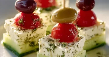 Feta Spieße mit Gurke auf einem Teller angerichtet