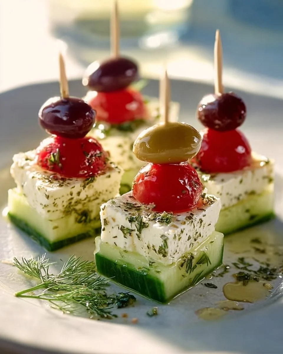 Feta Spieße mit Gurke auf einem Teller angerichtet