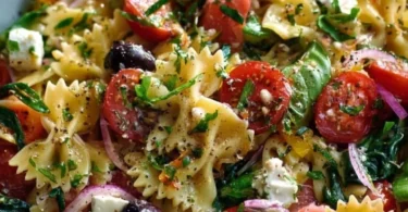 Fliegenpilz-Pasta-Salat mit frischen Zutaten und buntem Gemüse