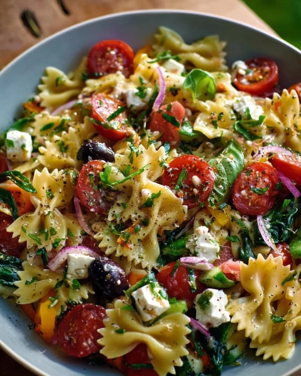 Fliegenpilz-Pasta-Salat mit frischen Zutaten und buntem Gemüse
