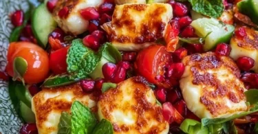 Frischer Halloumi-Granatapfel-Salat mit bunten Zutaten und Dressing