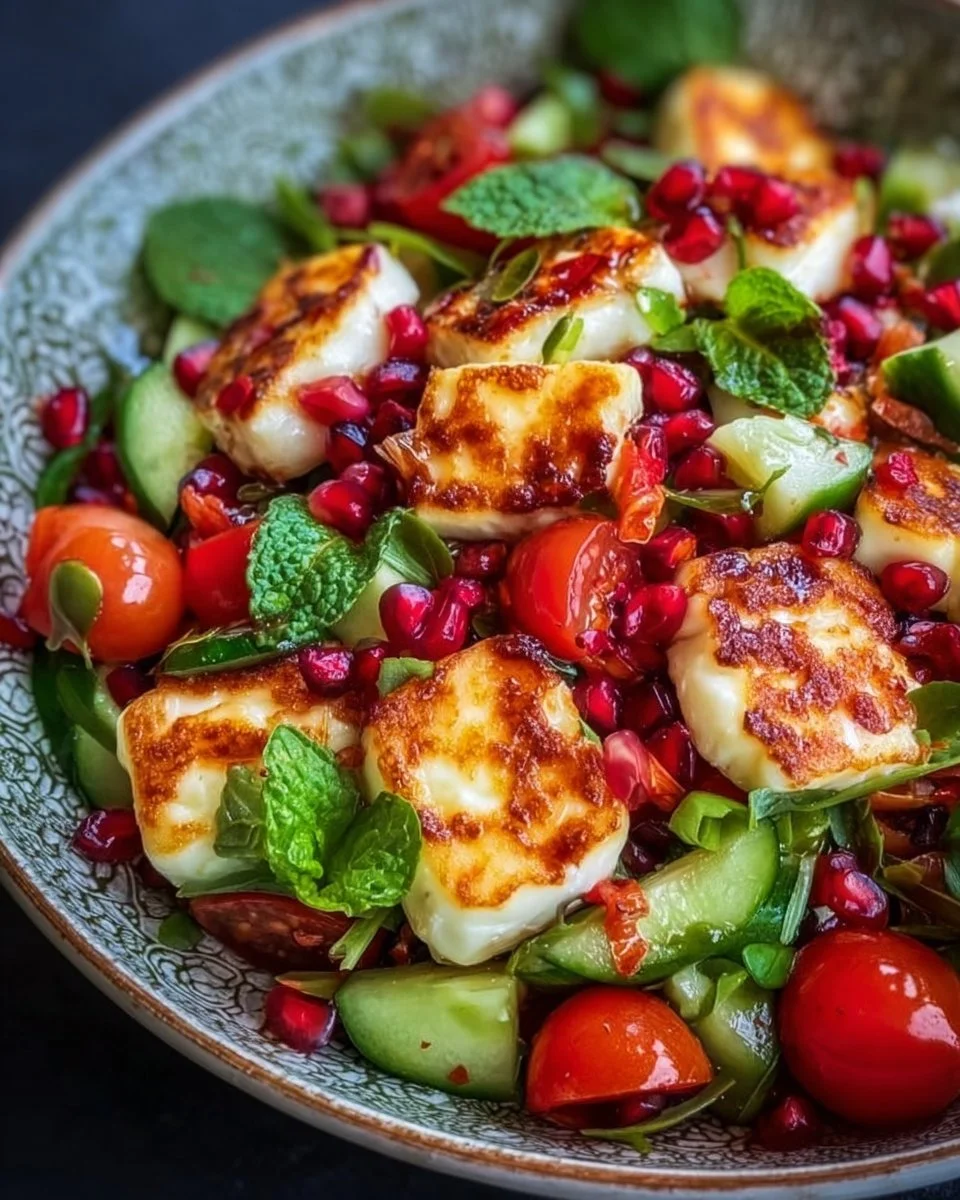 Frischer Halloumi-Granatapfel-Salat mit bunten Zutaten und Dressing