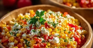 Frischer Paprika-Mais-Salat mit Feta-Dressing auf einem Teller