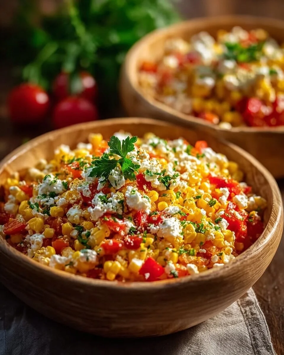 Frischer Paprika-Mais-Salat mit Feta-Dressing auf einem Teller