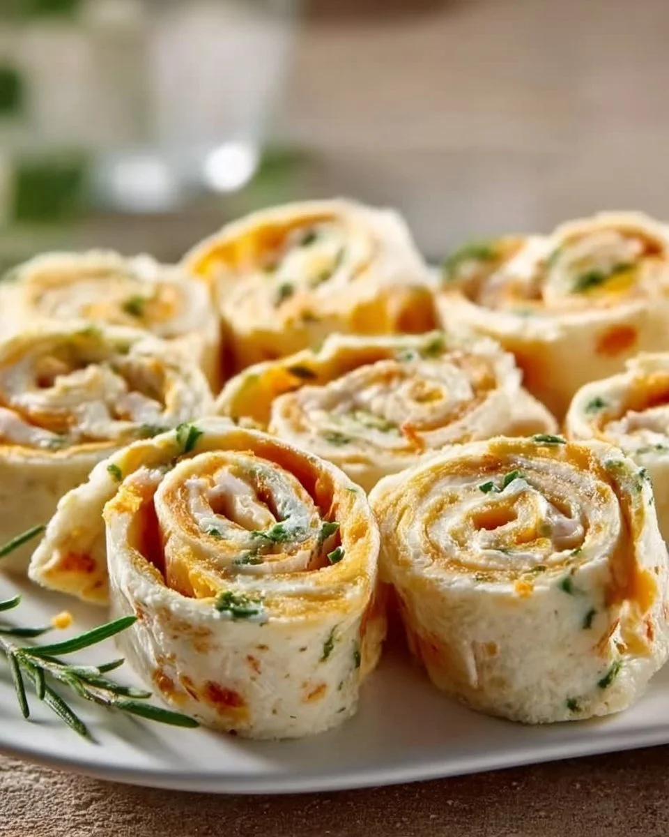 Leckere Frischkäse Roll-Ups auf einem Teller, ideal für Snacks oder Parties.