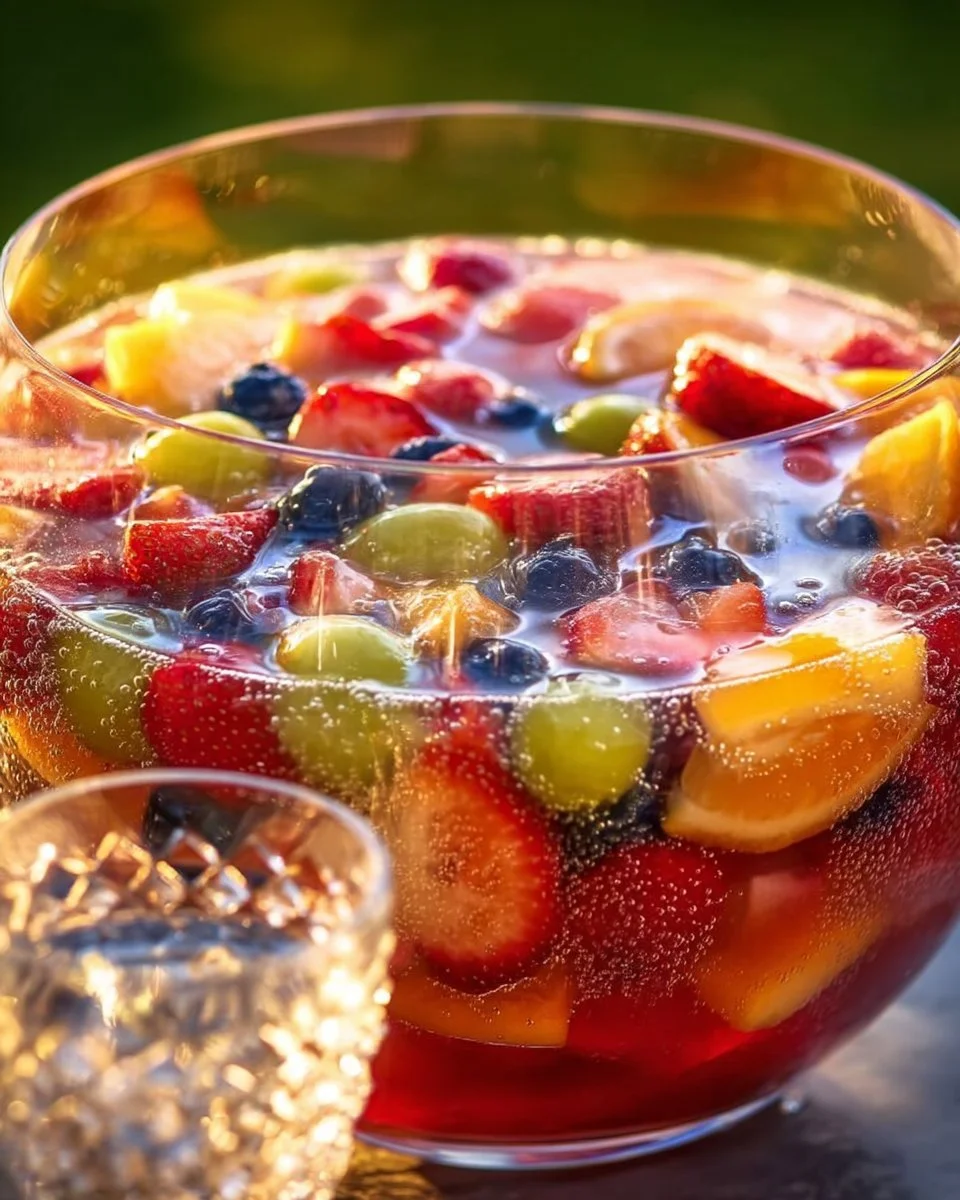 Erfrischende fruchtige Bowle mit bunten Früchten in einem Getränkeglas.