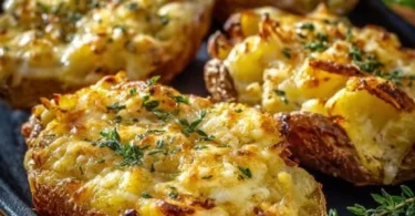 Gebackene Käse-Kartoffeln aus der Heißluftfritteuse auf einem Teller