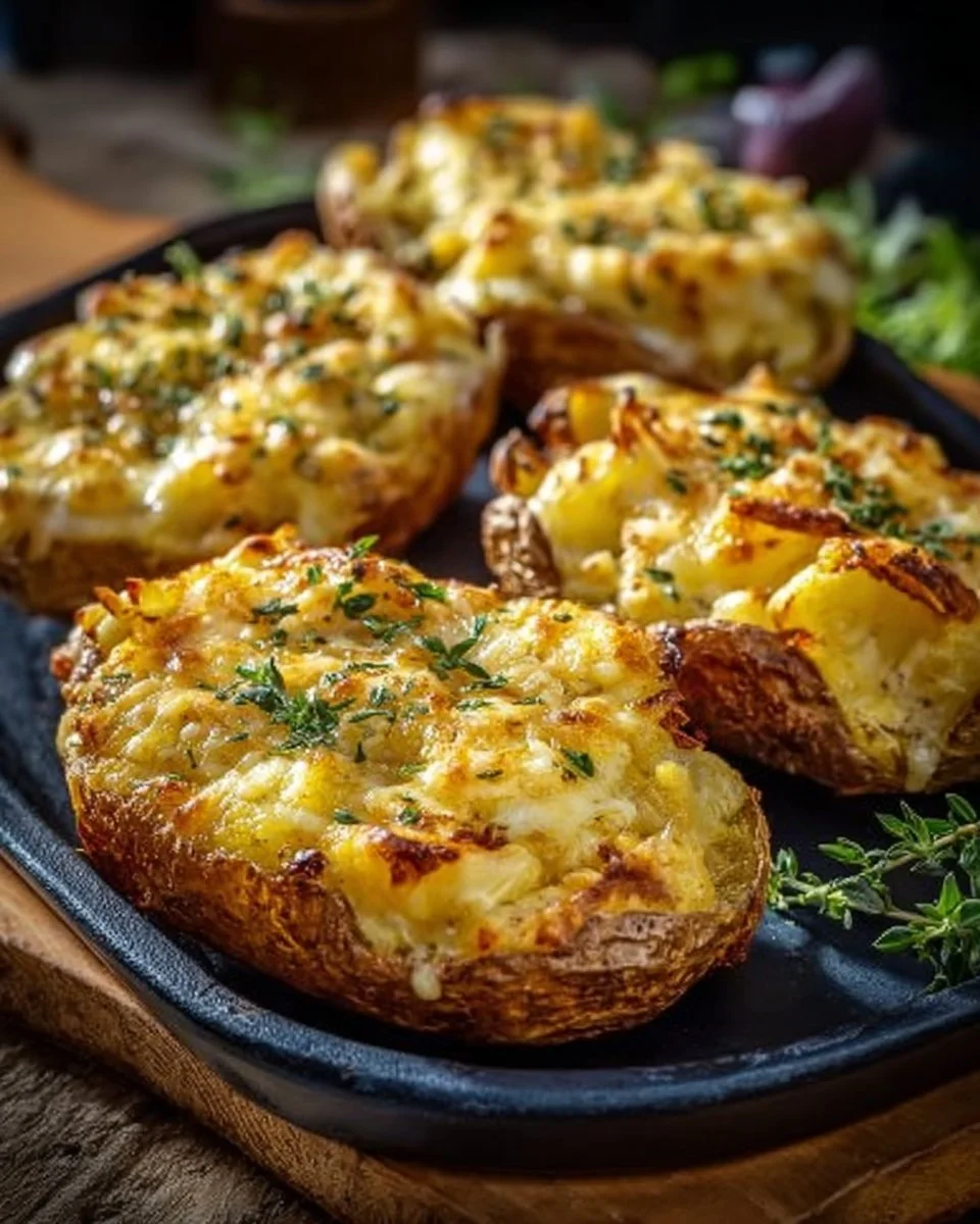 Gebackene Käse-Kartoffeln aus der Heißluftfritteuse auf einem Teller