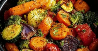 Schüssel mit geröstetem Gemüse aus dem Airfryer, gesund und köstlich zubereitet.