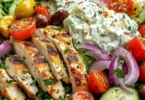 Griechischer Hähnchen Salat mit frischem Tzatziki auf einem Teller