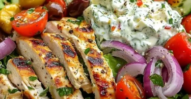Griechischer Hähnchen Salat mit frischem Tzatziki auf einem Teller