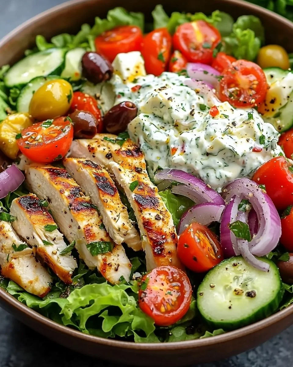 Griechischer Hähnchen Salat mit frischem Tzatziki auf einem Teller