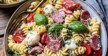 Ein köstlicher Grindernudelsalat auf einem Teller, garniert mit frischen Kräutern.