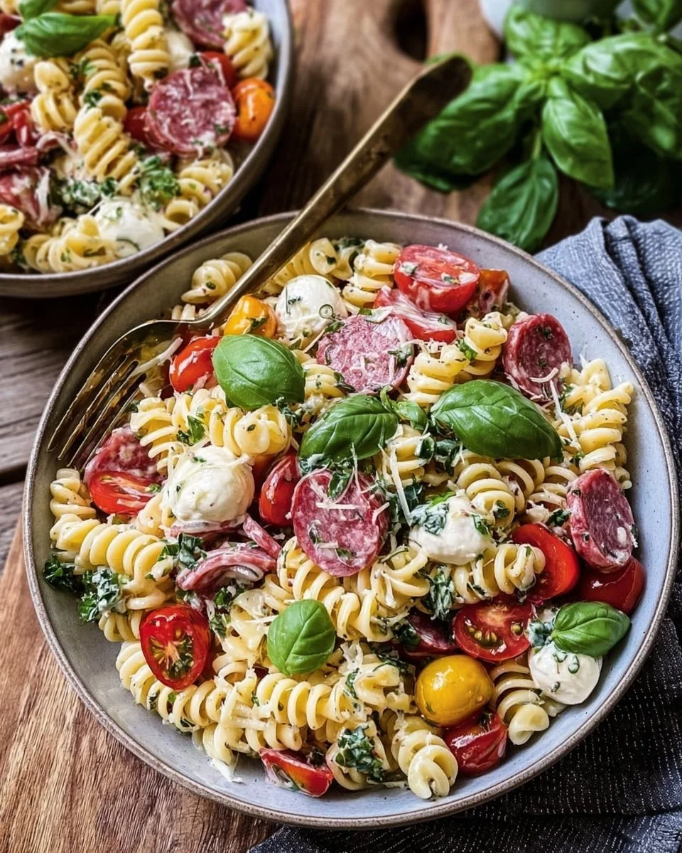 Ein köstlicher Grindernudelsalat auf einem Teller, garniert mit frischen Kräutern.