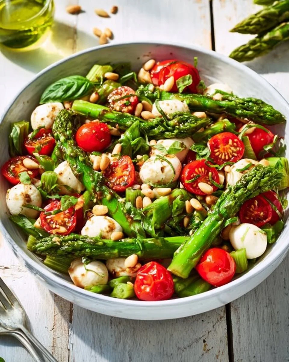 Grüner Spargel Salat mit Tomaten und Mozzarella auf einem Teller serviert