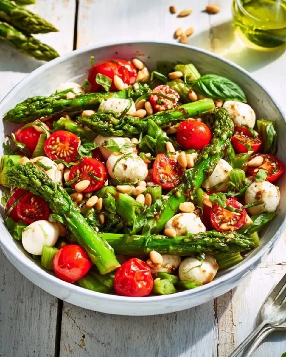 Grüner Spargel Salat mit Tomaten und Mozzarella