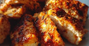 Saftige Hähnchenbrust aus dem Airfryer auf einem Teller serviert.