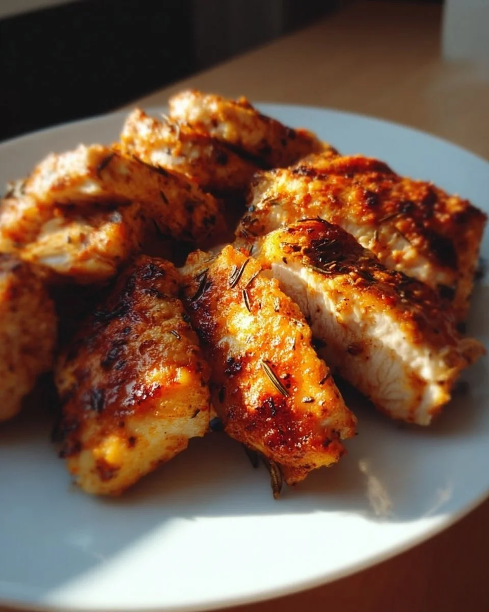 Saftige Hähnchenbrust aus dem Airfryer auf einem Teller serviert.