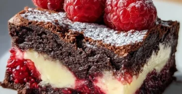Himbeer-Brownie-Käsekuchen mit Schokoladenteig und frischen Himbeeren