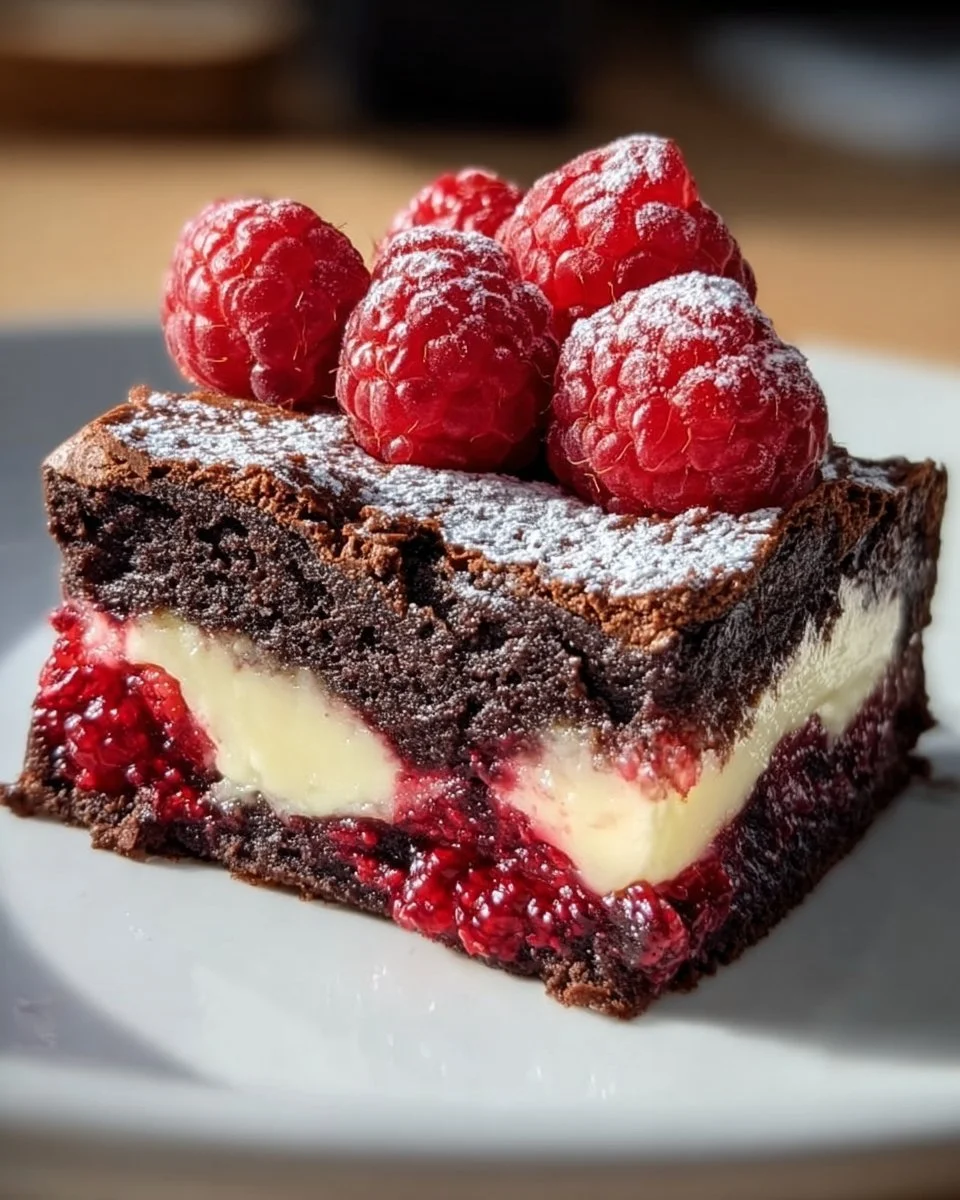 Himbeer-Brownie-Käsekuchen mit Schokoladenteig und frischen Himbeeren