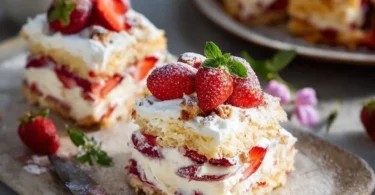 Himmelstorte vom Blech mit frischen Erdbeeren serviert auf einem Teller