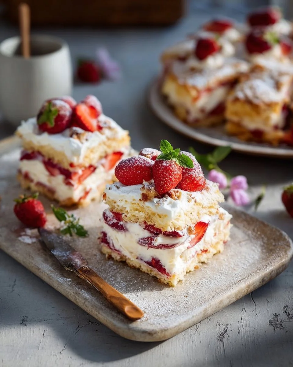 Himmelstorte vom Blech mit frischen Erdbeeren serviert auf einem Teller
