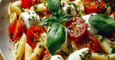 Italienischer Nudelsalat mit Mozzarella und Tomaten in einer Schüssel angerichtet.