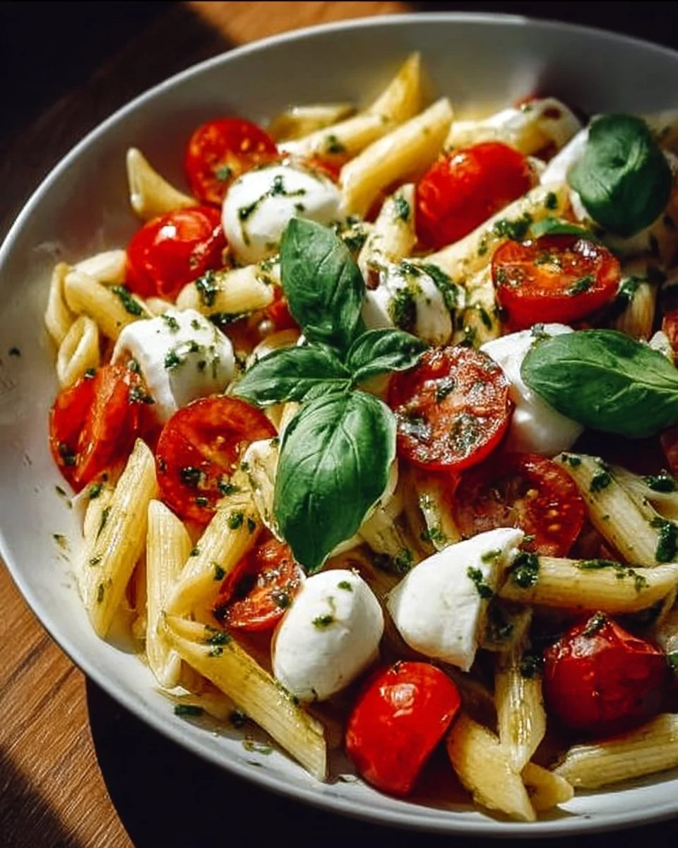 Italienischer Nudelsalat mit Mozzarella und Tomaten in einer Schüssel angerichtet.