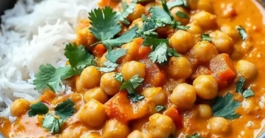 Eine Schüssel mit Kichererbsen-Curry, garniert mit frischen Kräutern