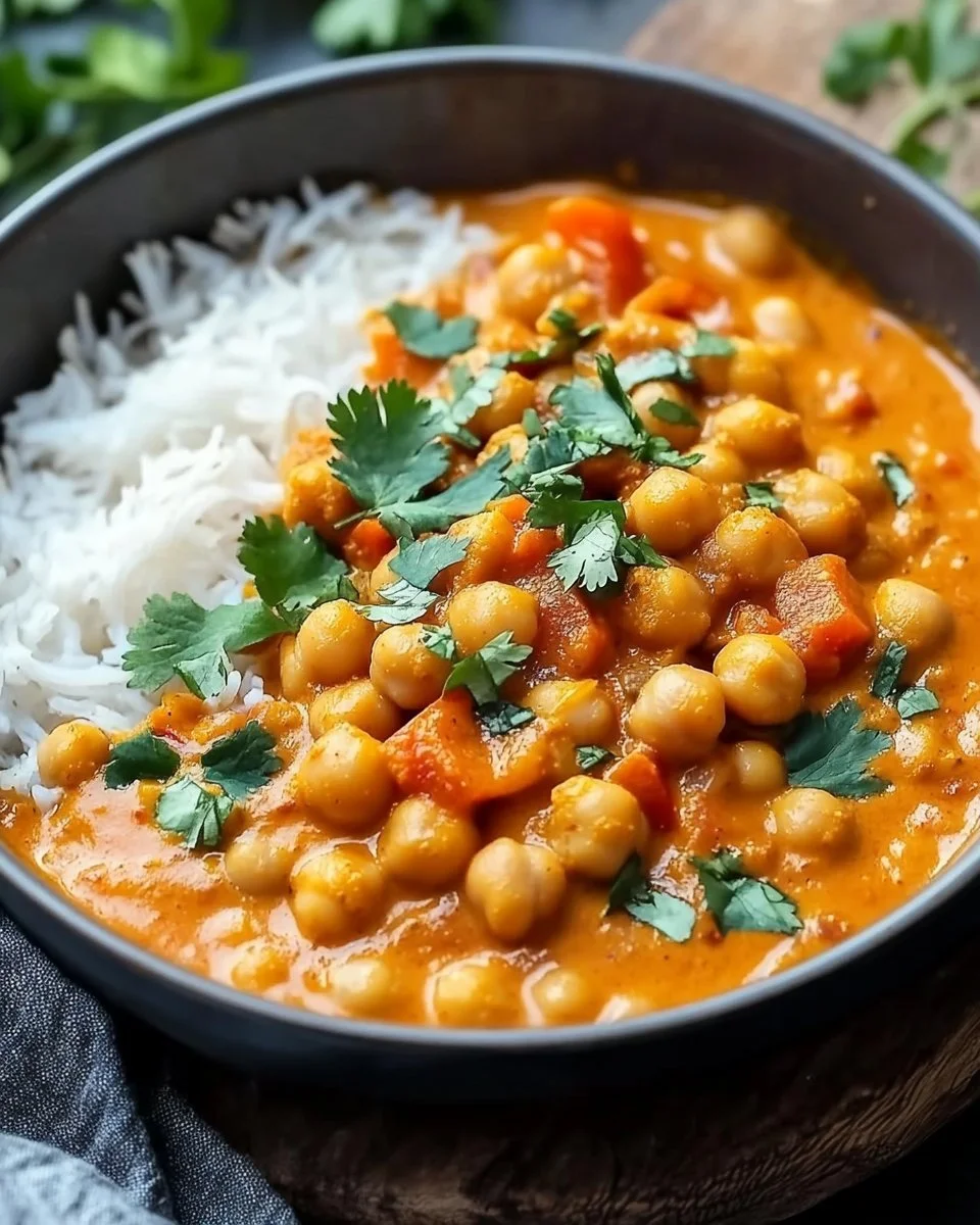 Eine Schüssel mit Kichererbsen-Curry, garniert mit frischen Kräutern