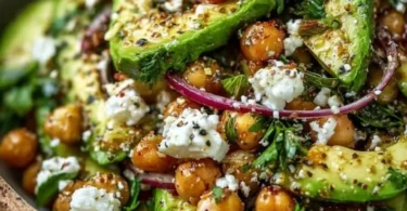 Gesunde Schüssel mit Kichererbsen Feta Avocado salat