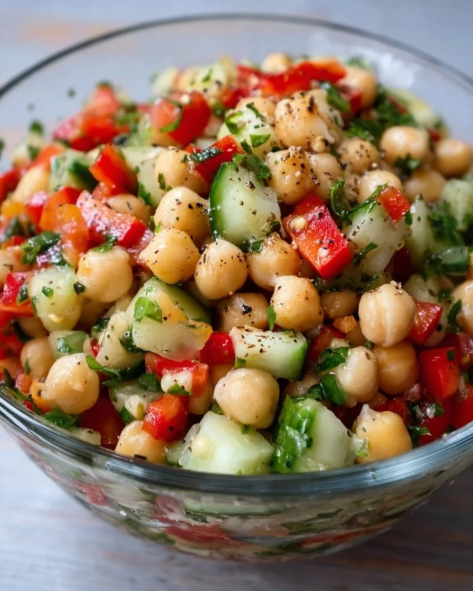 Bunter Kichererbsensalat mit frischem Gemüse und Kräutern