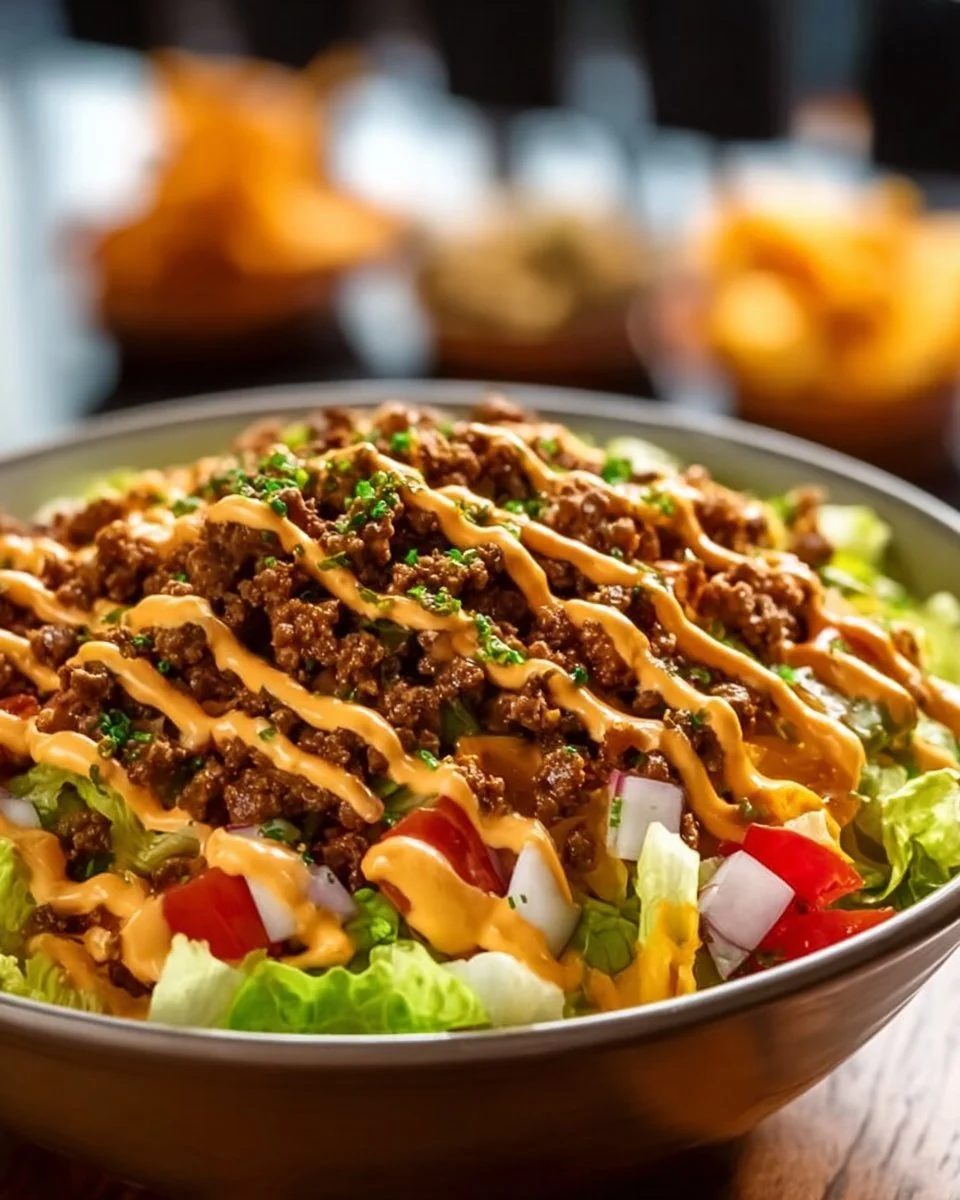 Klassischer Big Mac Salat mit frischen Zutaten und Dressing