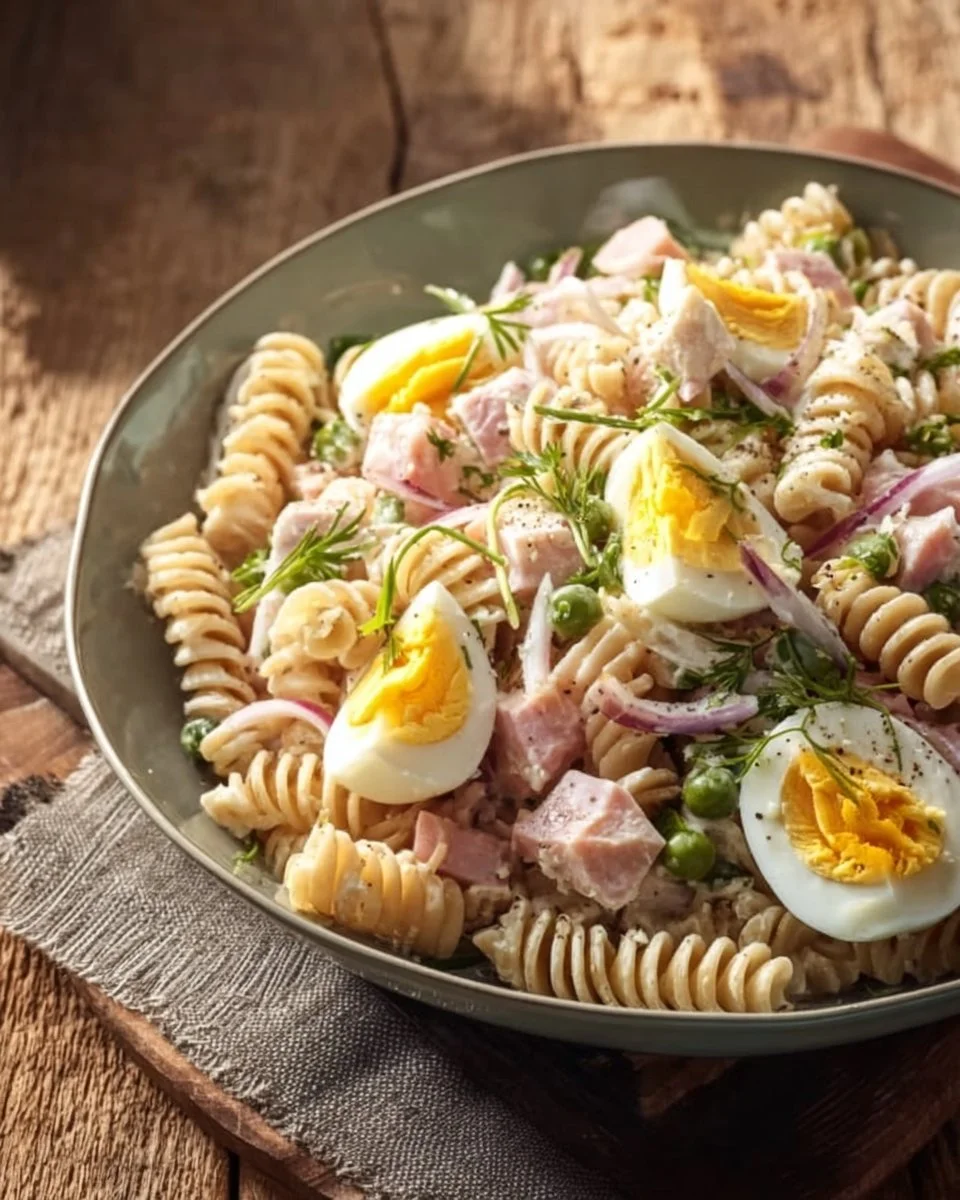 Klassischer Nudelsalat mit frischem Gemüse und leckerem Dressing