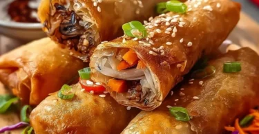 Knusprige Frühlingsrollen auf einem Teller mit frischem Gemüse.