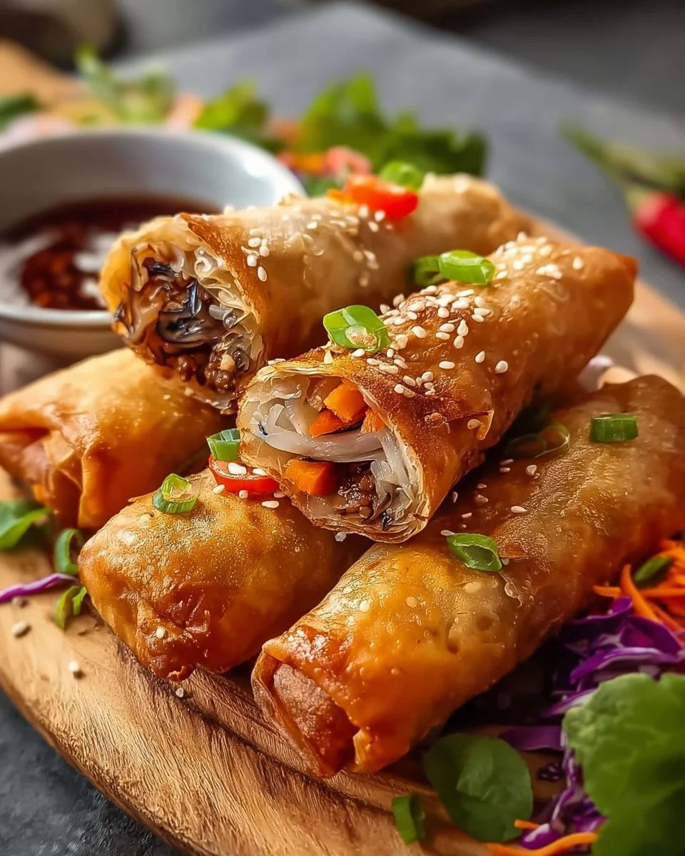 Knusprige Frühlingsrollen auf einem Teller mit frischem Gemüse.