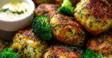 Knusprige Low Carb Brokkoli-Hüttenkäse Bällchen auf einem Teller