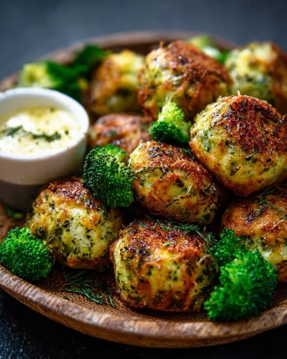 Knusprige Low Carb Brokkoli-Hüttenkäse Bällchen auf einem Teller