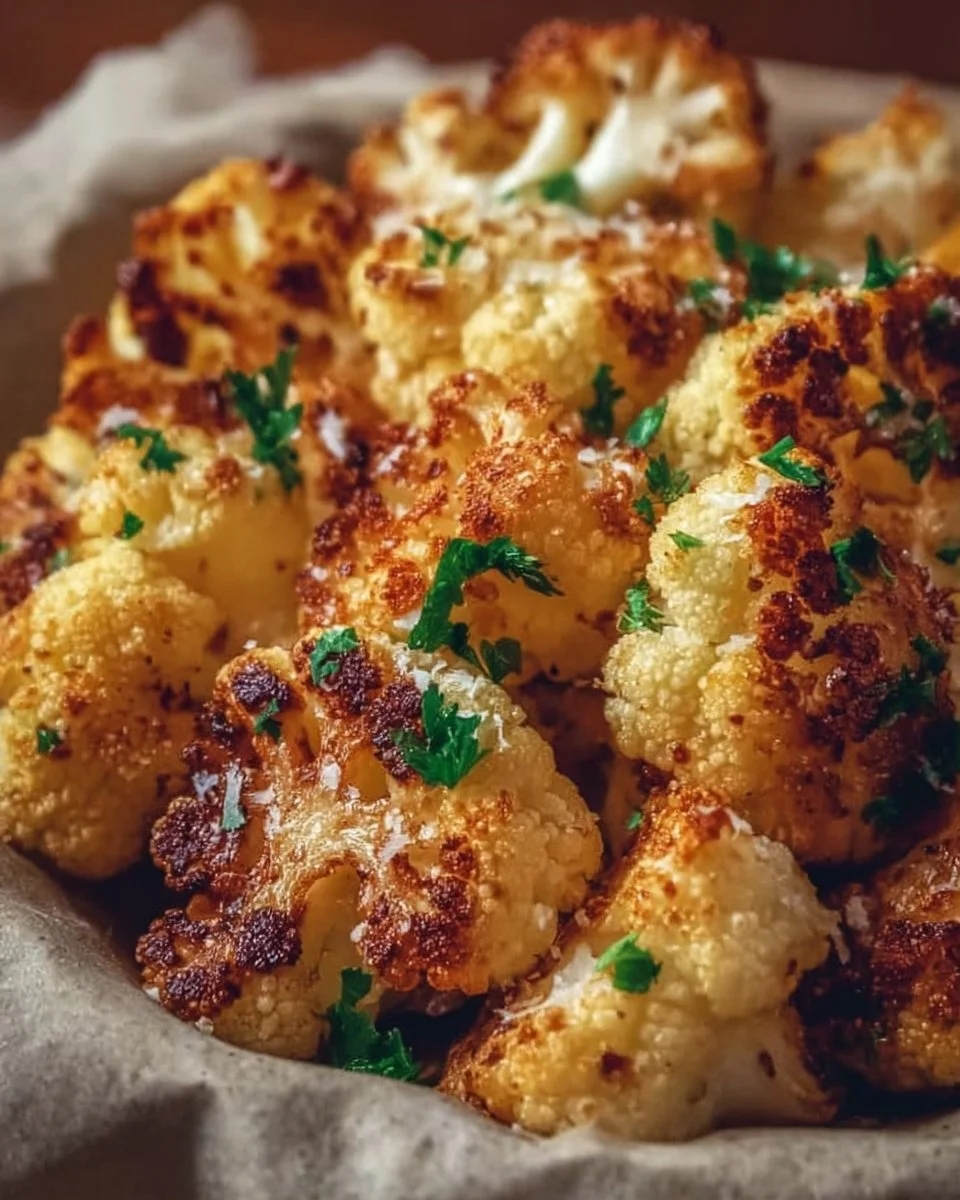 Knuspriger Blumenkohl aus dem Airfryer serviert auf einem Teller