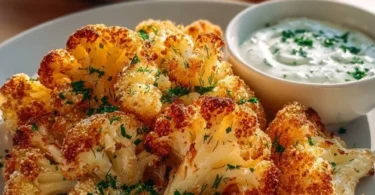 Knuspriger Blumenkohl mit Kräuterquark auf einem Teller