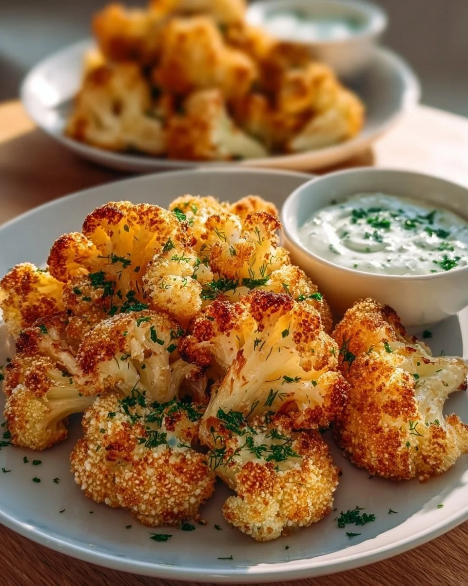 Knuspriger Blumenkohl mit Kräuterquark auf einem Teller