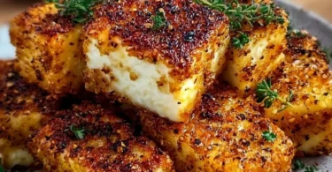 Knuspriger Feta aus dem Airfryer auf einem Teller serviert