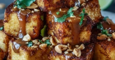 Knuspriger Tofu mit Erdnusssauce auf einem Teller serviert