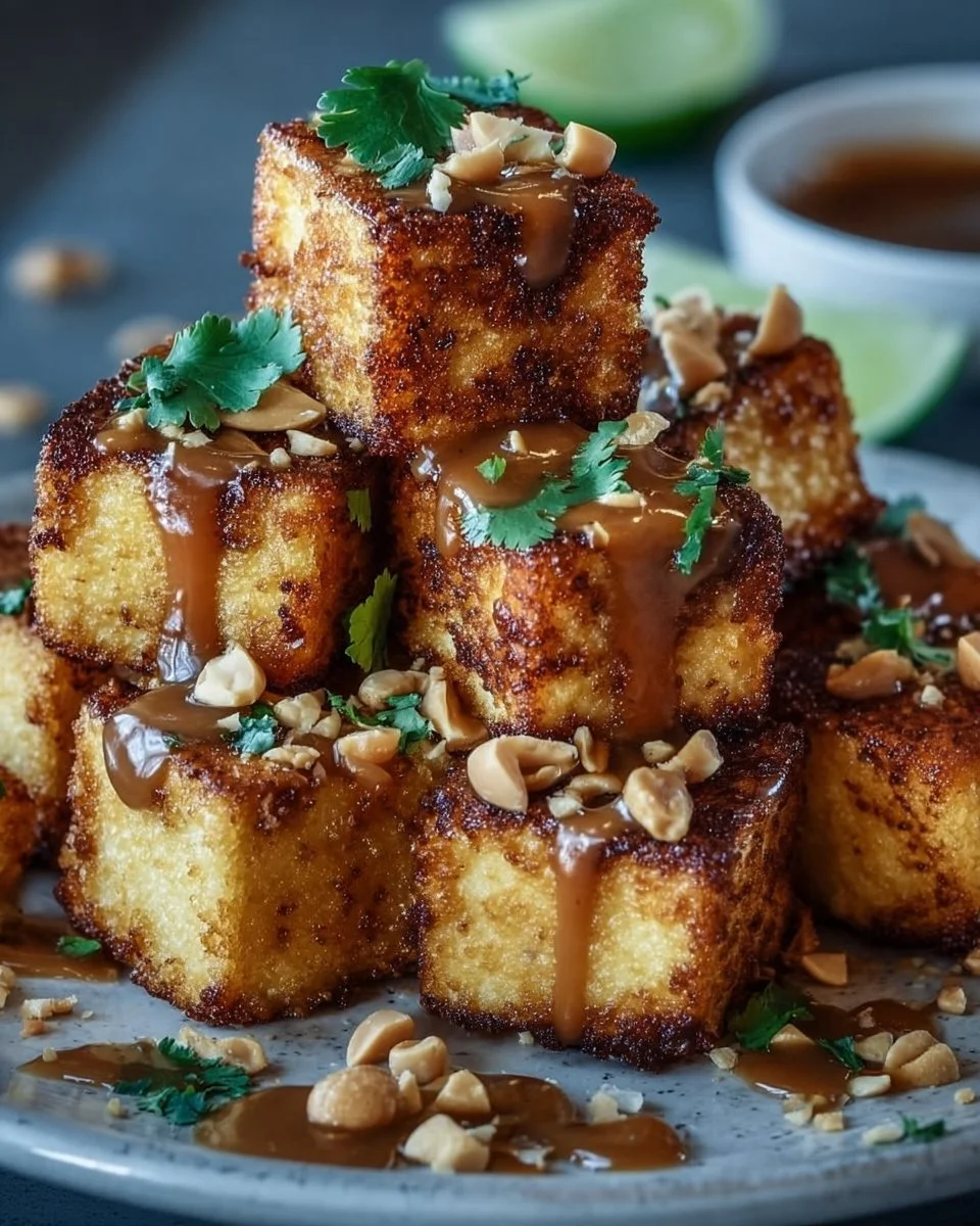 Knuspriger Tofu mit Erdnusssauce auf einem Teller serviert